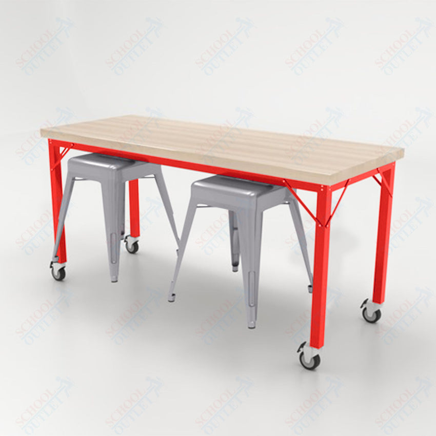 CEF Brainstorm Workbench 30"H with Butcher Block Top and Steel Frame, 2 Magnetic Metal Stools Included, for 3rd Grade and Up - SchoolOutlet