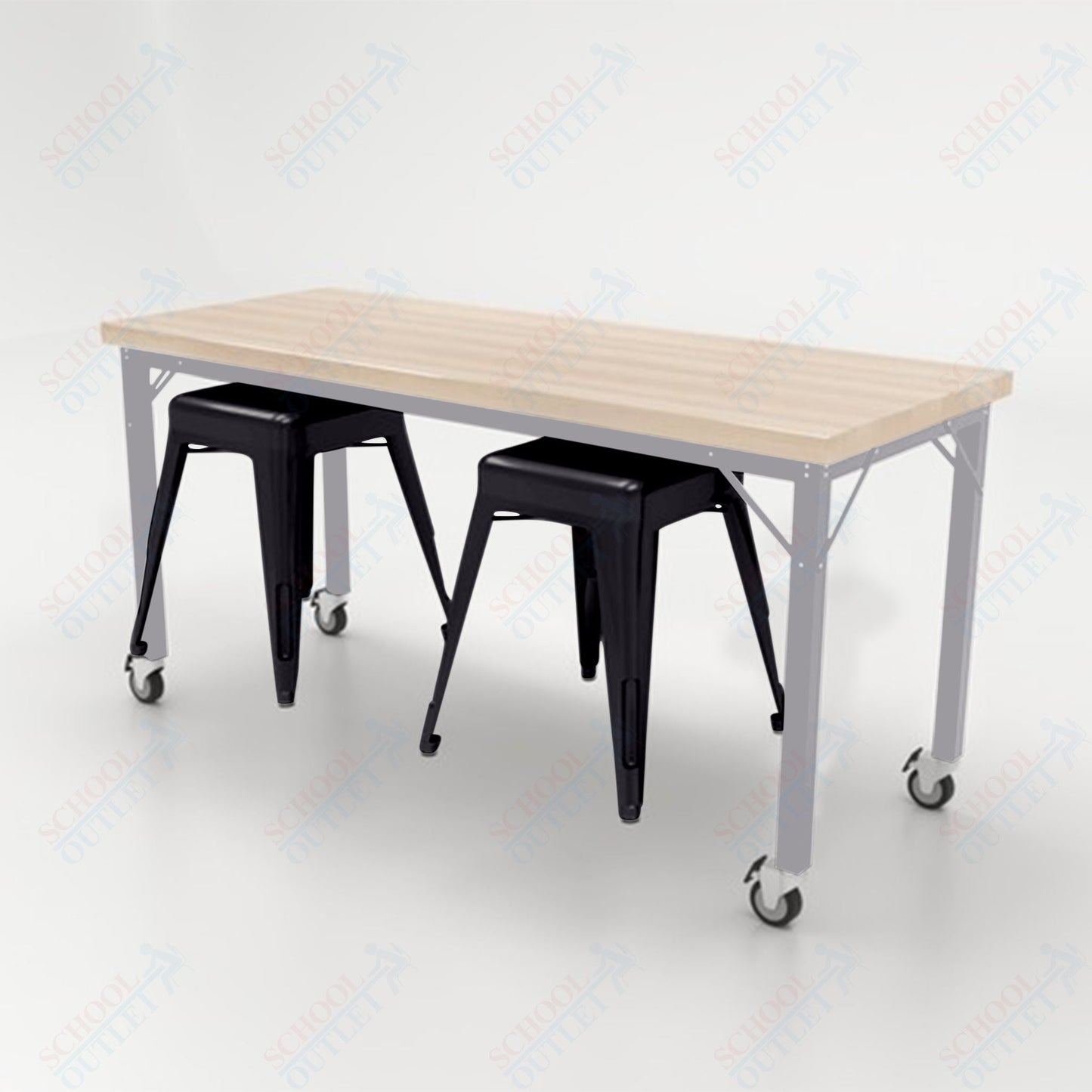 CEF Brainstorm Workbench 30"H with Butcher Block Top and Steel Frame, 2 Magnetic Metal Stools Included, for 3rd Grade and Up - SchoolOutlet