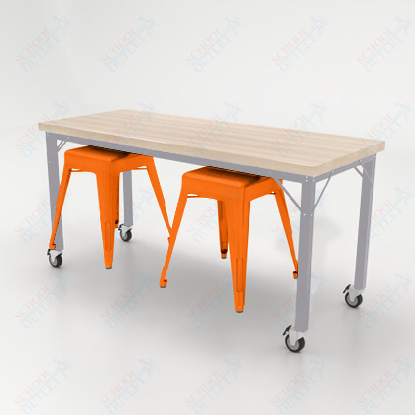 CEF Brainstorm Workbench 30"H with Butcher Block Top and Steel Frame, 2 Magnetic Metal Stools Included, for 3rd Grade and Up - SchoolOutlet