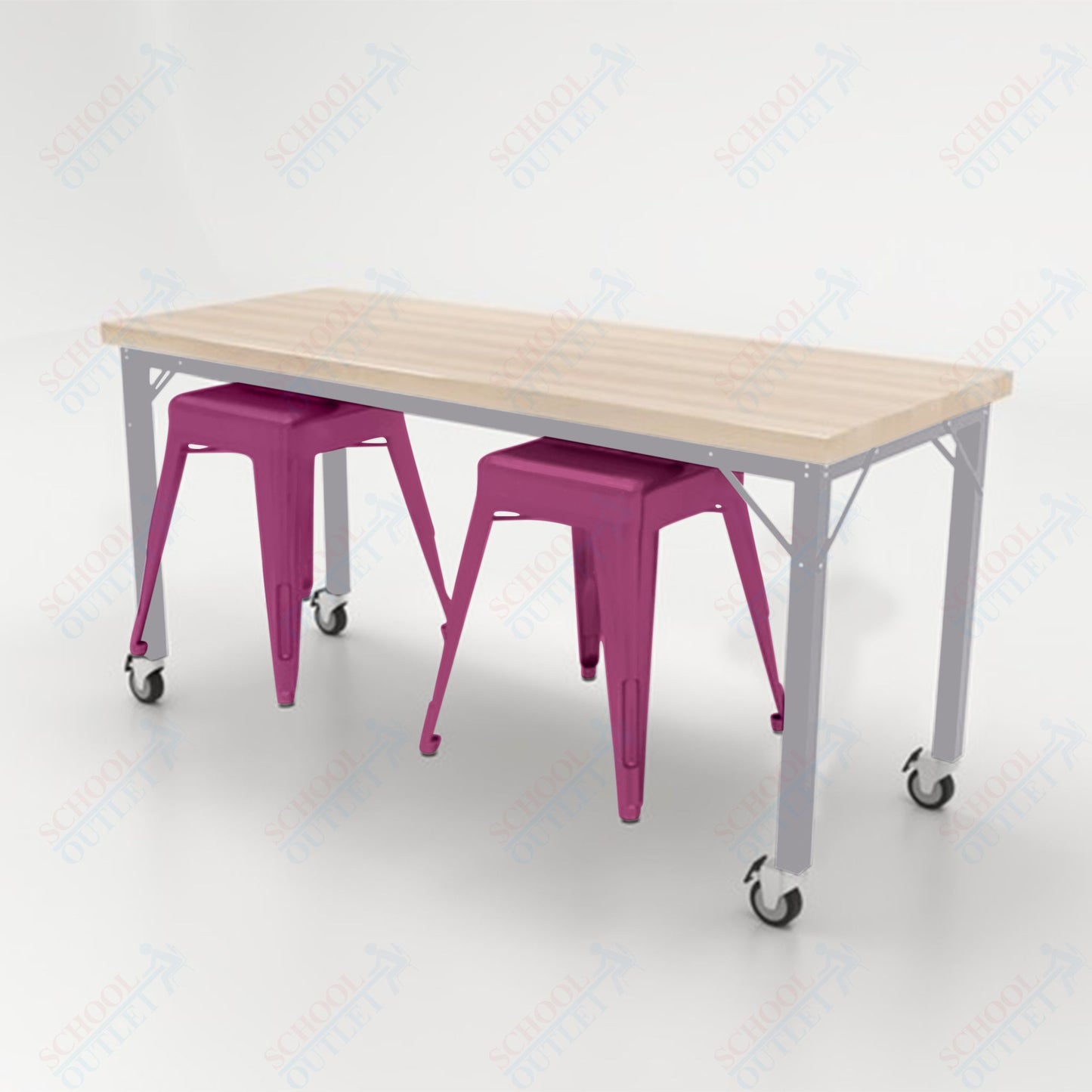 CEF Brainstorm Workbench 30"H with Butcher Block Top and Steel Frame, 2 Magnetic Metal Stools Included, for 3rd Grade and Up - SchoolOutlet