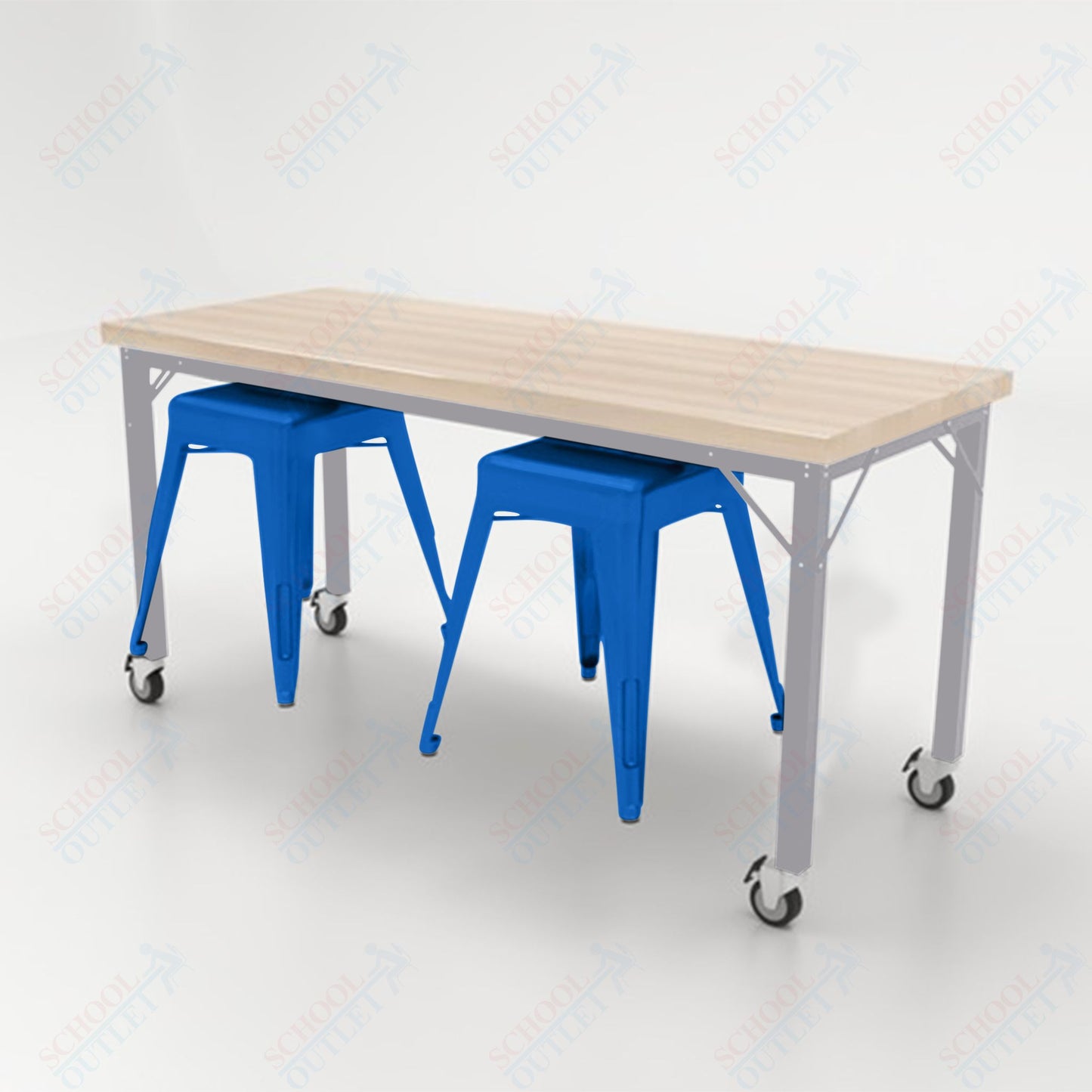CEF Brainstorm Workbench 30"H with Butcher Block Top and Steel Frame, 2 Magnetic Metal Stools Included, for 3rd Grade and Up - SchoolOutlet
