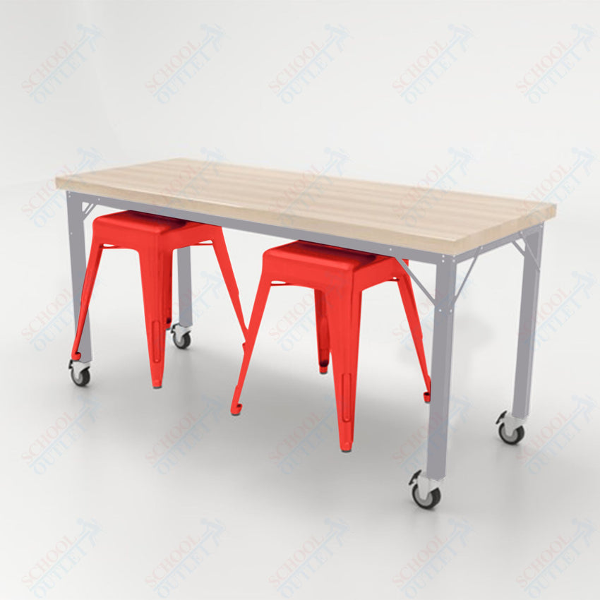 CEF Brainstorm Workbench 30"H with Butcher Block Top and Steel Frame, 2 Magnetic Metal Stools Included, for 3rd Grade and Up - SchoolOutlet