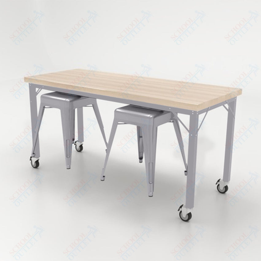CEF Brainstorm Workbench 30"H with Butcher Block Top and Steel Frame, 2 Magnetic Metal Stools Included, for 3rd Grade and Up - SchoolOutlet