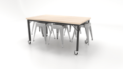 CEF Brainstorm Workbench 30"H with Butcher Block Top and Steel Frame, 6 Magnetic Metal Stools Included, for 3rd Grade and Up
