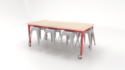 CEF Brainstorm Workbench 30"H with Butcher Block Top and Steel Frame, 8 Magnetic Metal Stools Included, for 3rd Grade and Up