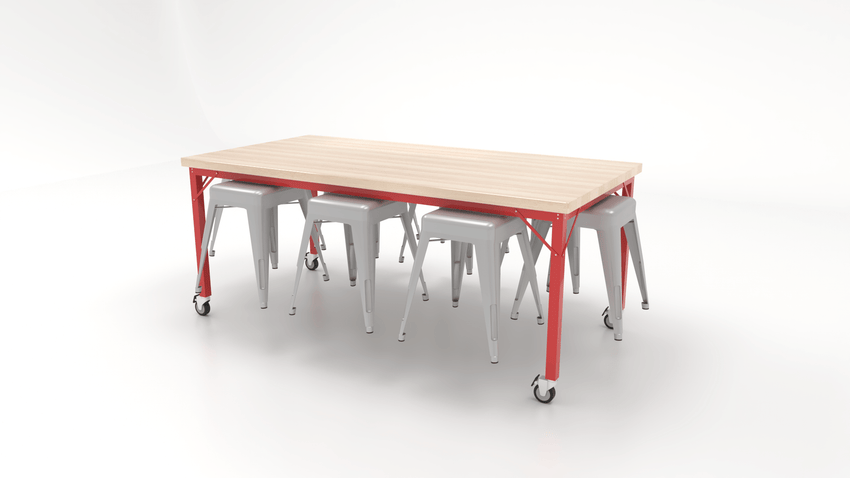 CEF Brainstorm Workbench 30"H with Butcher Block Top and Steel Frame, 8 Magnetic Metal Stools Included, for 3rd Grade and Up - SchoolOutlet
