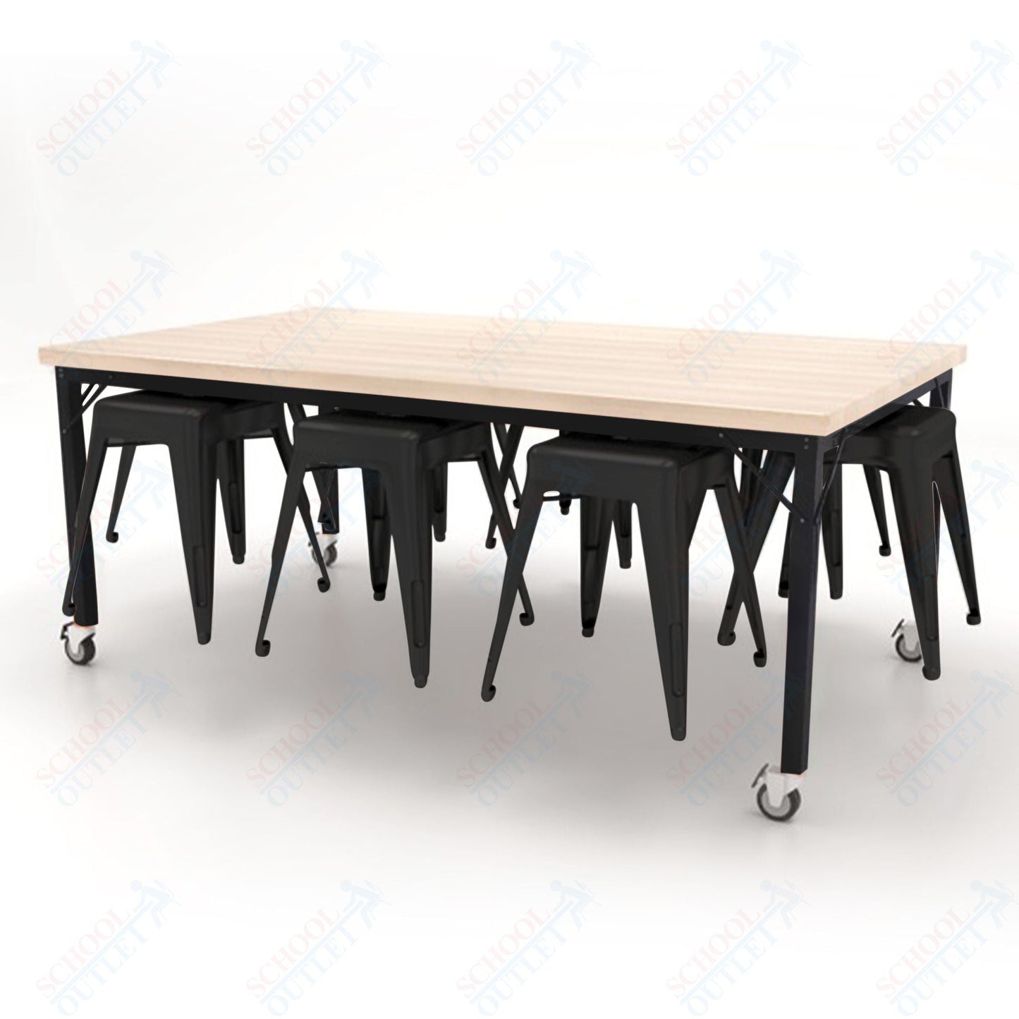 CEF Brainstorm Workbench 30"H with Butcher Block Top and Steel Frame, 8 Magnetic Metal Stools Included, for 3rd Grade and Up - SchoolOutlet