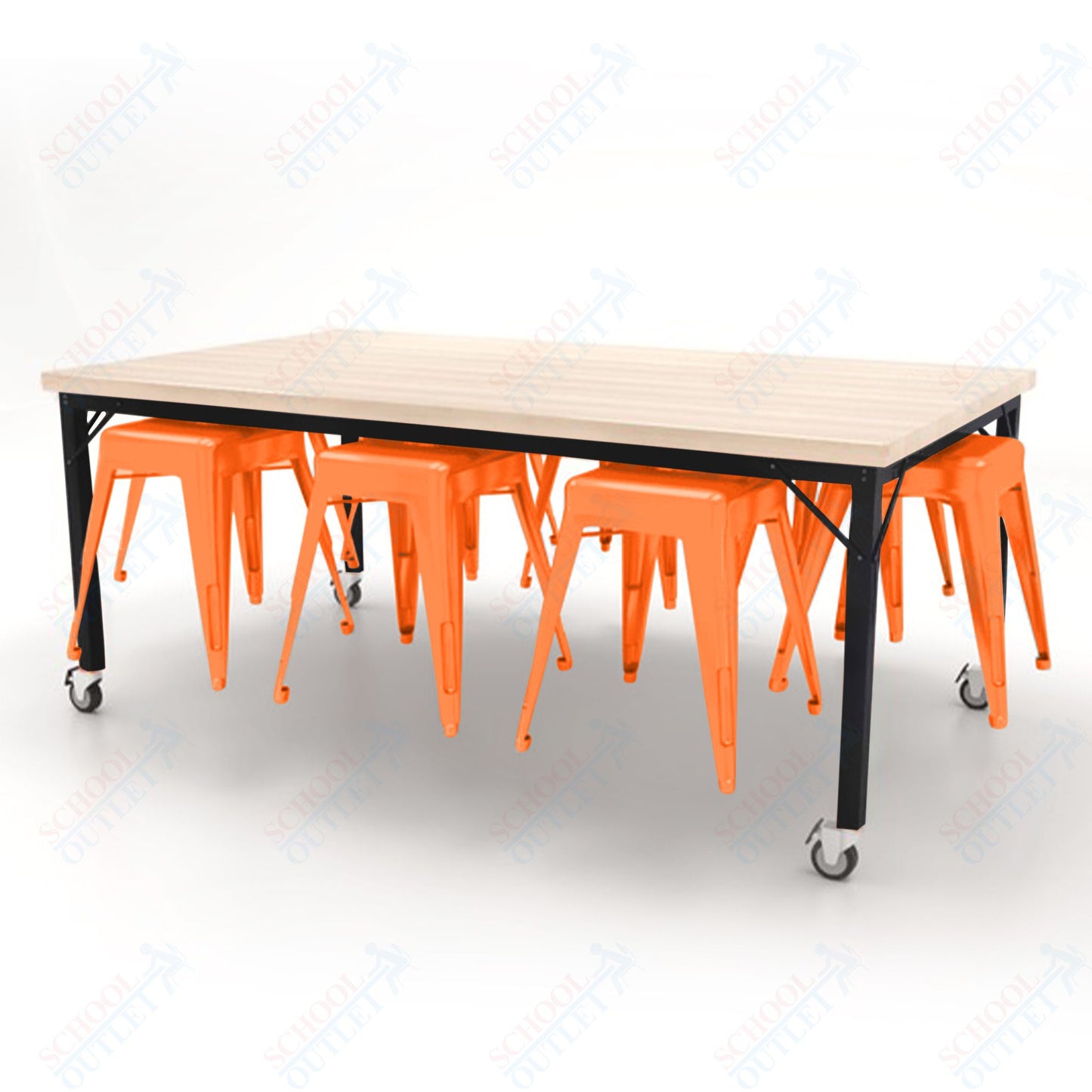 CEF Brainstorm Workbench 30"H with Butcher Block Top and Steel Frame, 8 Magnetic Metal Stools Included, for 3rd Grade and Up - SchoolOutlet