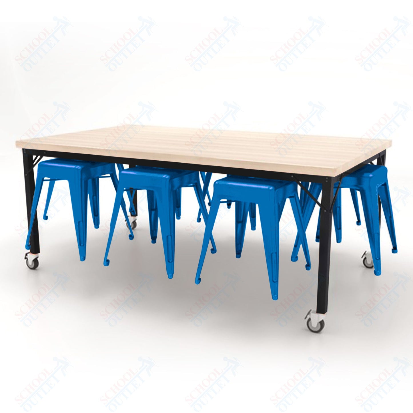 CEF Brainstorm Workbench 30"H with Butcher Block Top and Steel Frame, 8 Magnetic Metal Stools Included, for 3rd Grade and Up - SchoolOutlet