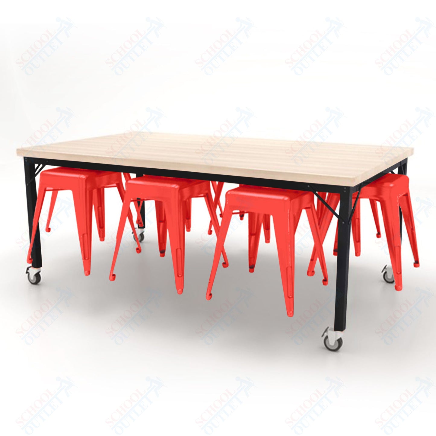 CEF Brainstorm Workbench 30"H with Butcher Block Top and Steel Frame, 8 Magnetic Metal Stools Included, for 3rd Grade and Up - SchoolOutlet