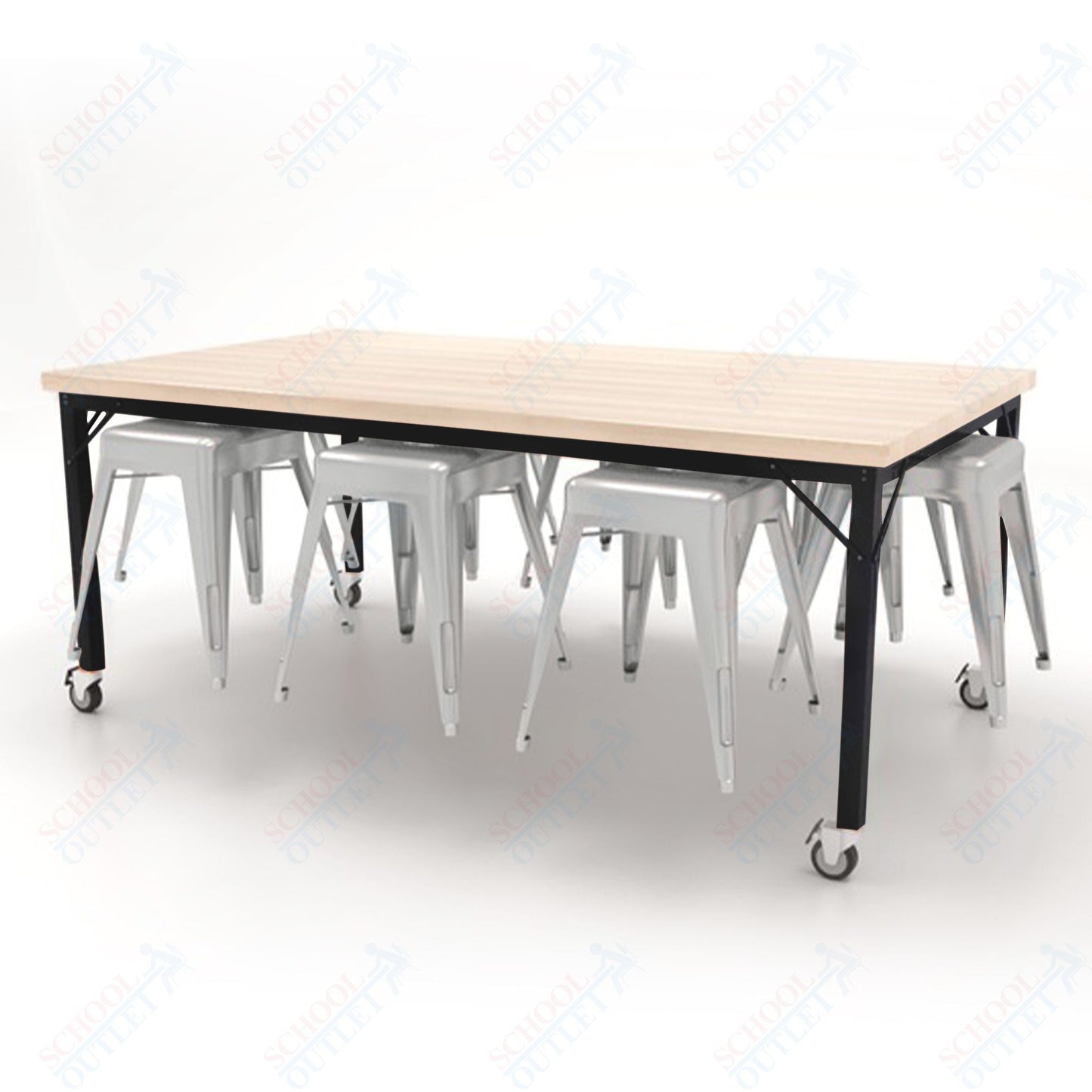 CEF Brainstorm Workbench 30"H with Butcher Block Top and Steel Frame, 8 Magnetic Metal Stools Included, for 3rd Grade and Up - SchoolOutlet