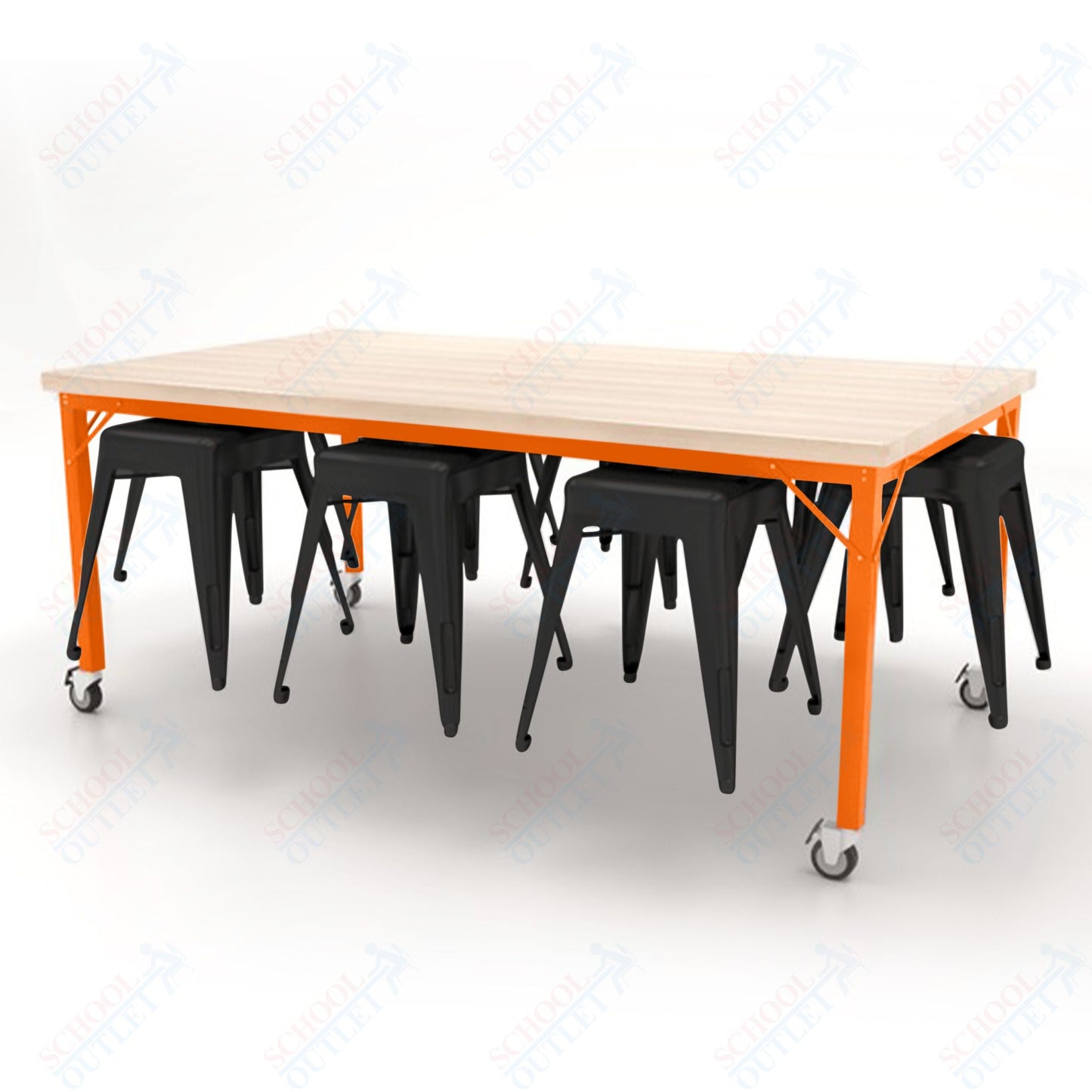 CEF Brainstorm Workbench 30"H with Butcher Block Top and Steel Frame, 8 Magnetic Metal Stools Included, for 3rd Grade and Up - SchoolOutlet