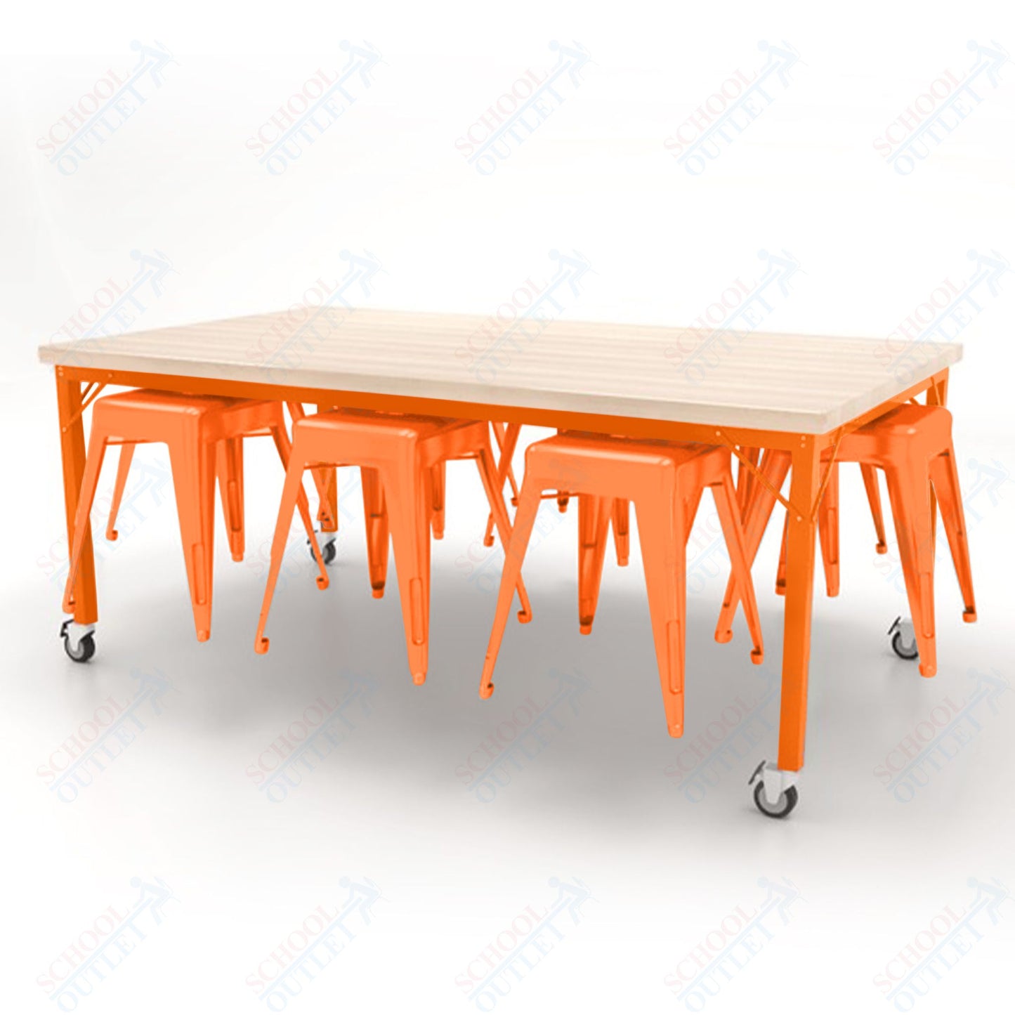 CEF Brainstorm Workbench 30"H with Butcher Block Top and Steel Frame, 8 Magnetic Metal Stools Included, for 3rd Grade and Up - SchoolOutlet