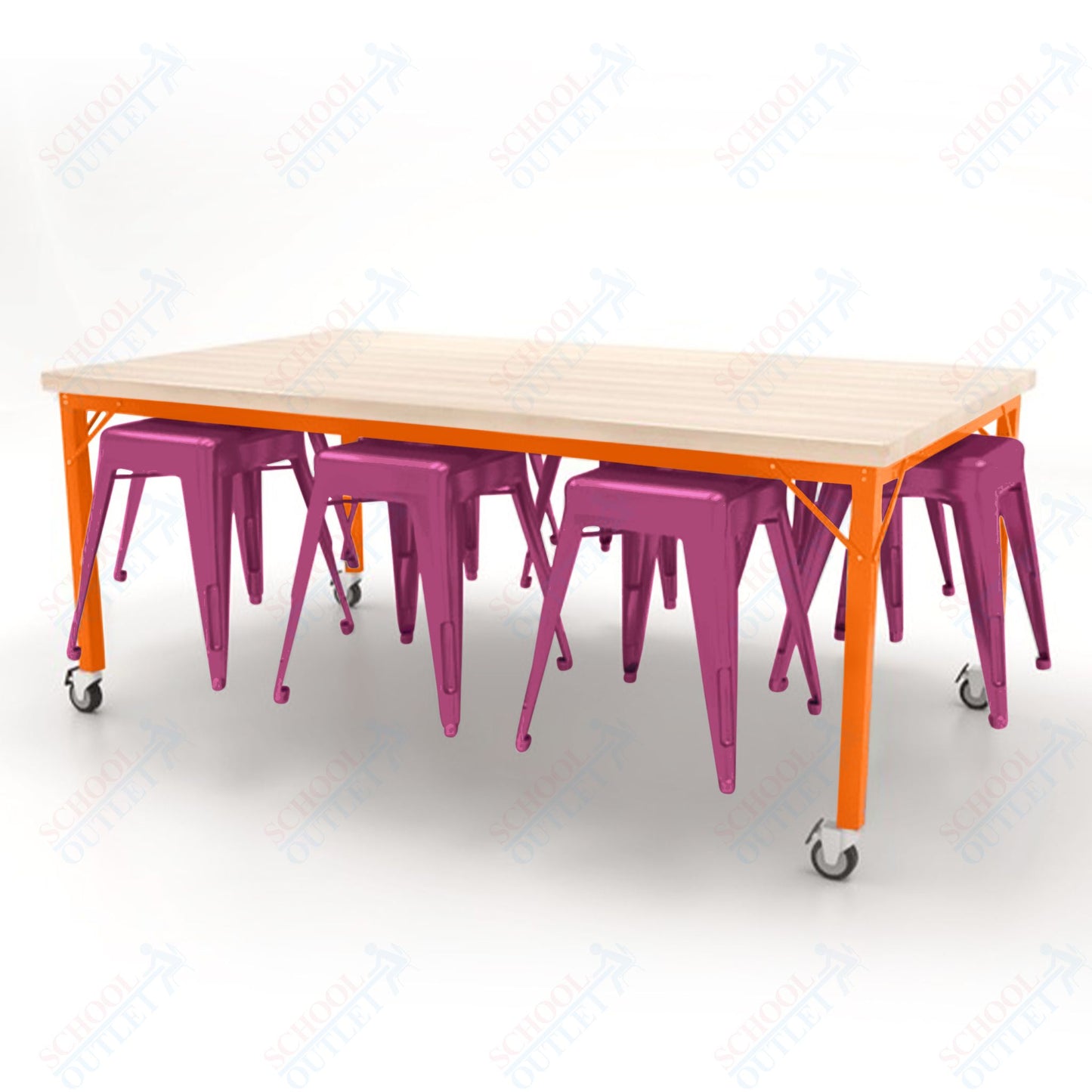 CEF Brainstorm Workbench 30"H with Butcher Block Top and Steel Frame, 8 Magnetic Metal Stools Included, for 3rd Grade and Up - SchoolOutlet