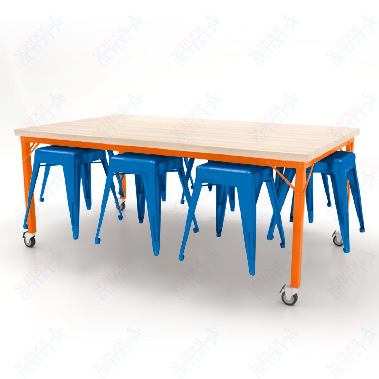 CEF Brainstorm Workbench 30"H with Butcher Block Top and Steel Frame, 8 Magnetic Metal Stools Included, for 3rd Grade and Up - SchoolOutlet