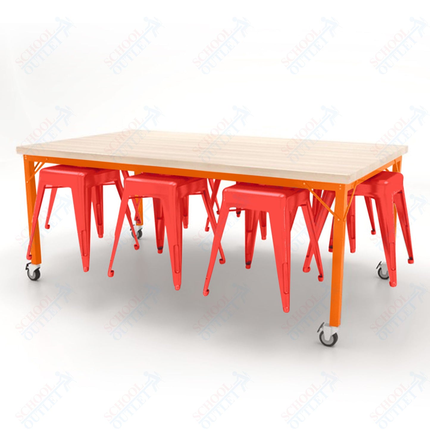 CEF Brainstorm Workbench 30"H with Butcher Block Top and Steel Frame, 8 Magnetic Metal Stools Included, for 3rd Grade and Up - SchoolOutlet