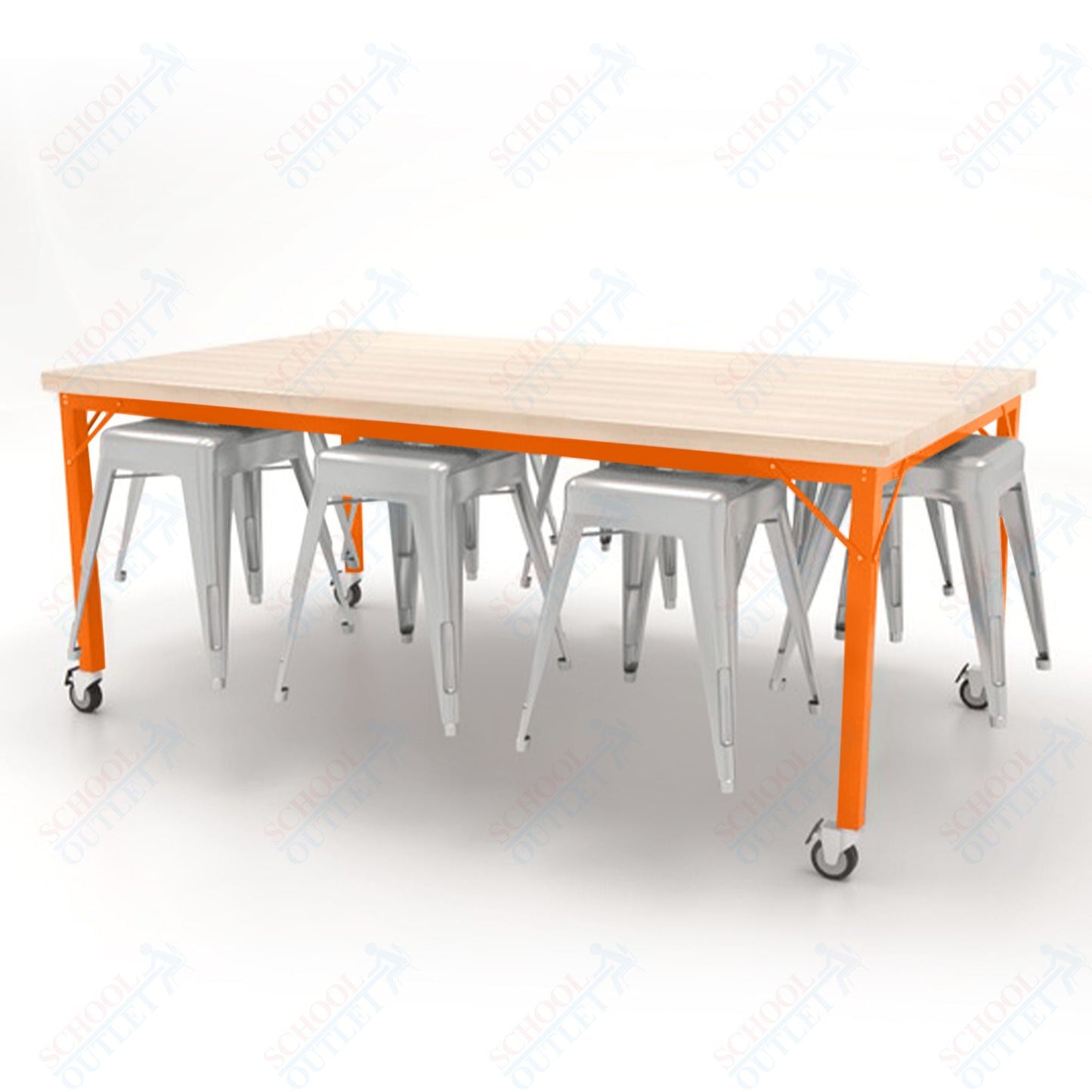 CEF Brainstorm Workbench 30"H with Butcher Block Top and Steel Frame, 8 Magnetic Metal Stools Included, for 3rd Grade and Up - SchoolOutlet