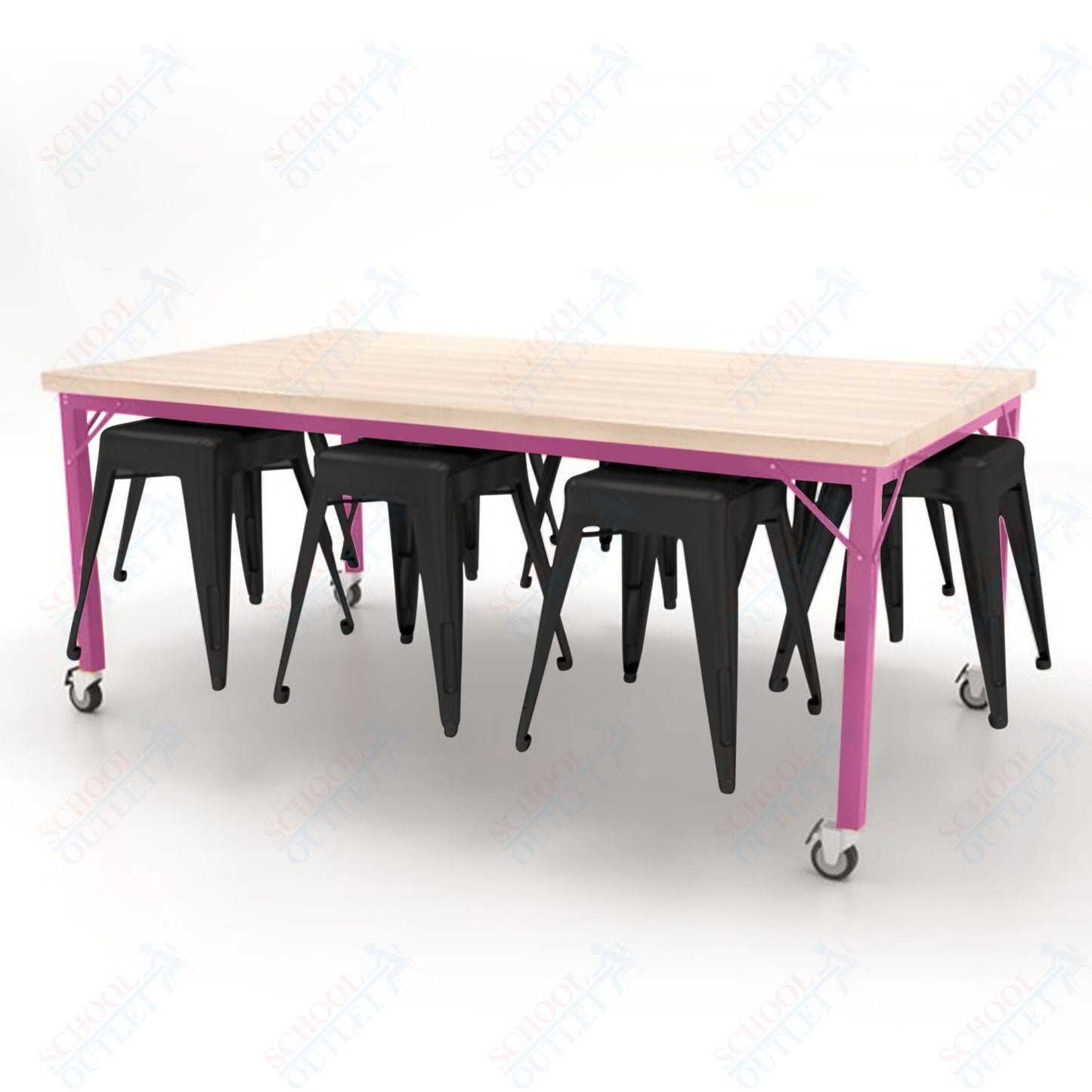 CEF Brainstorm Workbench 30"H with Butcher Block Top and Steel Frame, 8 Magnetic Metal Stools Included, for 3rd Grade and Up - SchoolOutlet