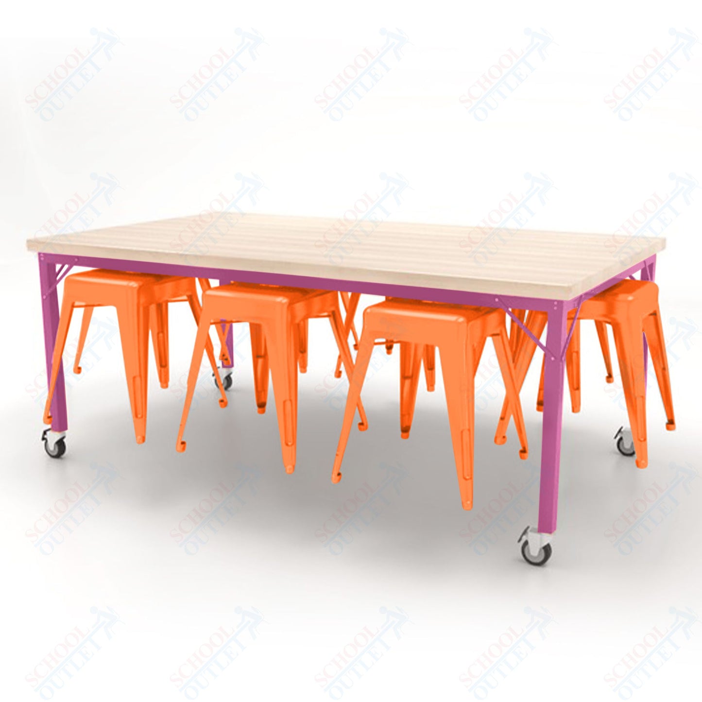 CEF Brainstorm Workbench 30"H with Butcher Block Top and Steel Frame, 8 Magnetic Metal Stools Included, for 3rd Grade and Up - SchoolOutlet