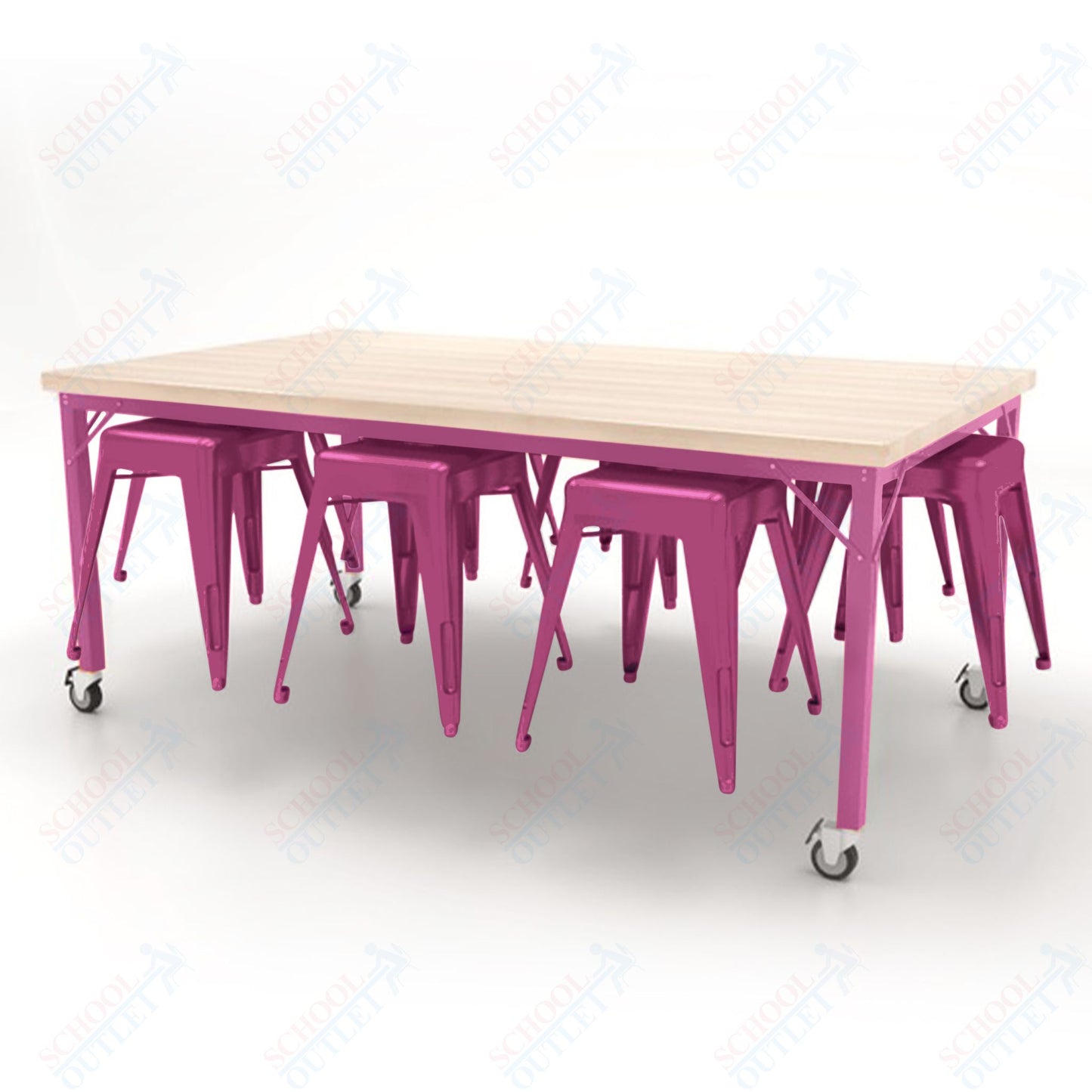 CEF Brainstorm Workbench 30"H with Butcher Block Top and Steel Frame, 8 Magnetic Metal Stools Included, for 3rd Grade and Up - SchoolOutlet