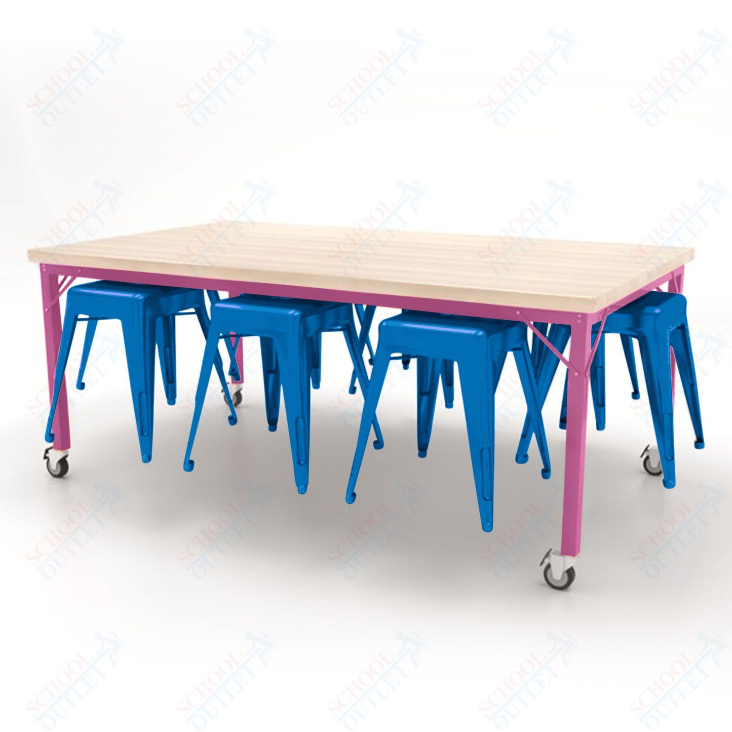 CEF Brainstorm Workbench 30"H with Butcher Block Top and Steel Frame, 8 Magnetic Metal Stools Included, for 3rd Grade and Up - SchoolOutlet