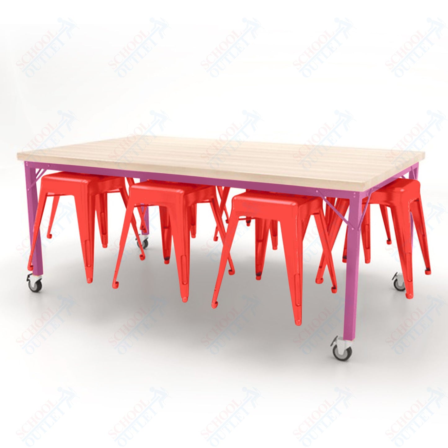 CEF Brainstorm Workbench 30"H with Butcher Block Top and Steel Frame, 8 Magnetic Metal Stools Included, for 3rd Grade and Up - SchoolOutlet