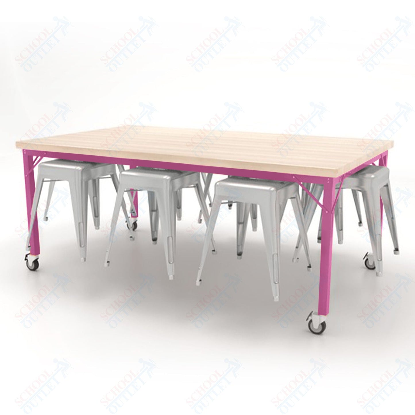 CEF Brainstorm Workbench 30"H with Butcher Block Top and Steel Frame, 8 Magnetic Metal Stools Included, for 3rd Grade and Up - SchoolOutlet