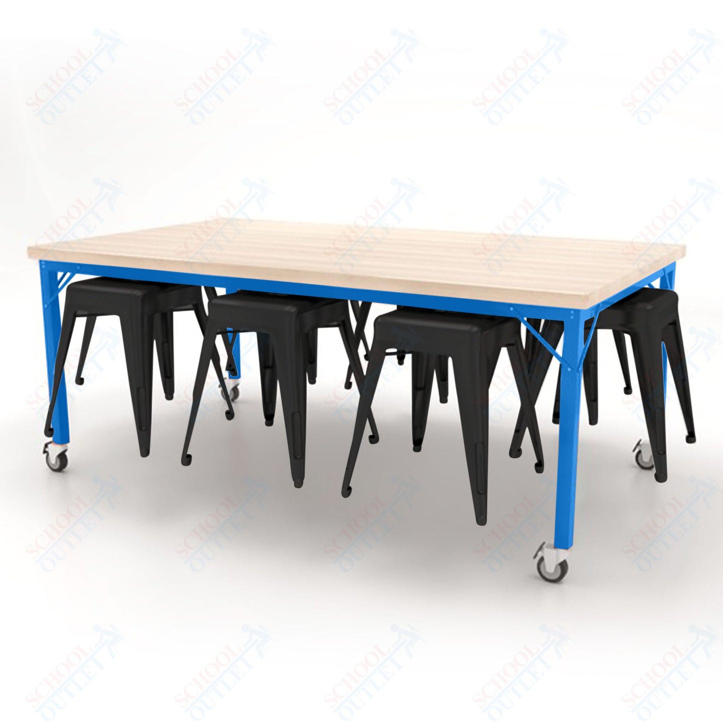 CEF Brainstorm Workbench 30"H with Butcher Block Top and Steel Frame, 8 Magnetic Metal Stools Included, for 3rd Grade and Up - SchoolOutlet