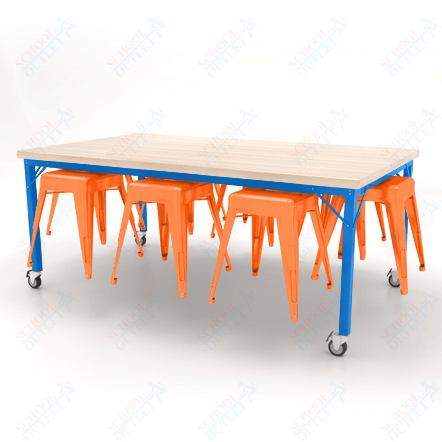 CEF Brainstorm Workbench 30"H with Butcher Block Top and Steel Frame, 8 Magnetic Metal Stools Included, for 3rd Grade and Up - SchoolOutlet