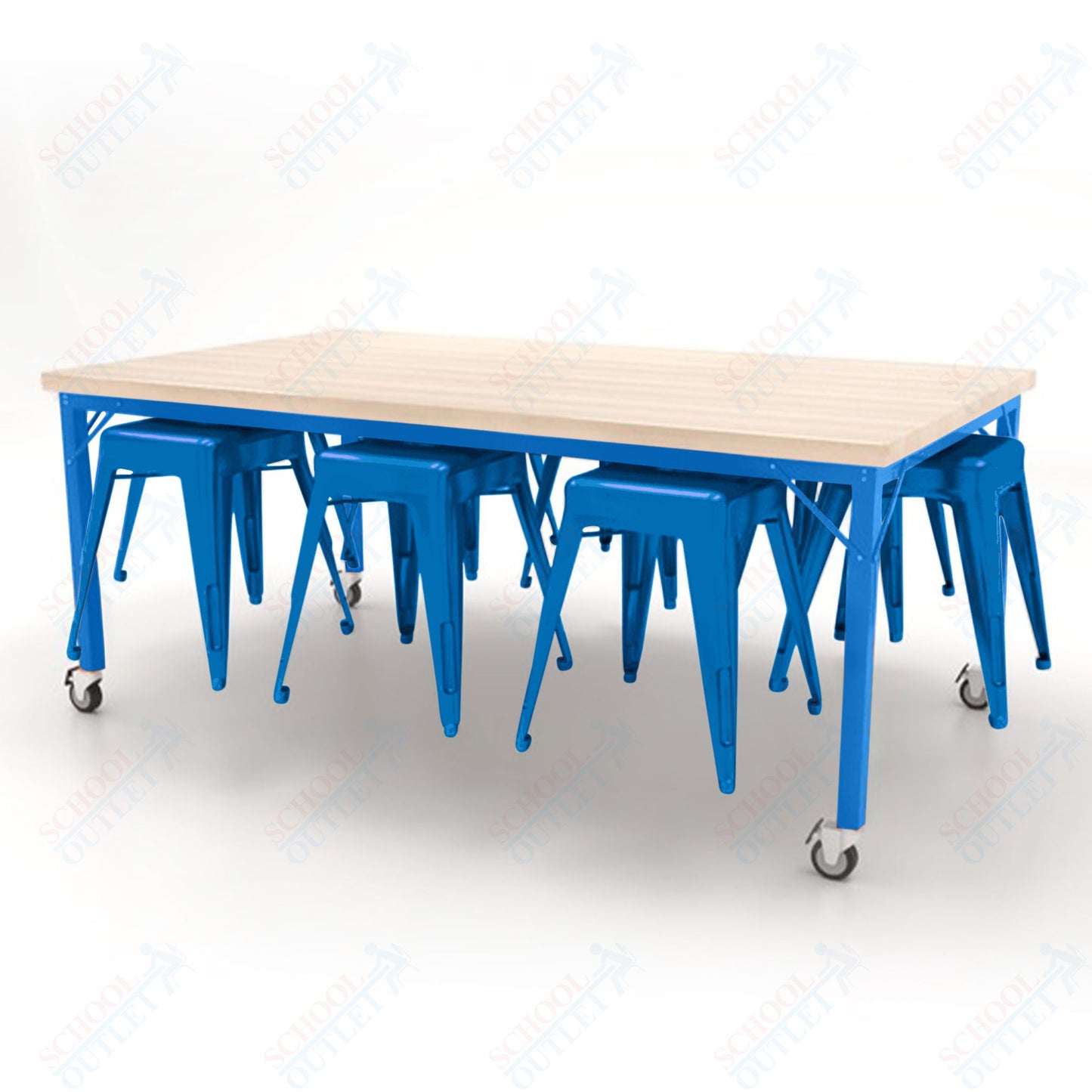 CEF Brainstorm Workbench 30"H with Butcher Block Top and Steel Frame, 8 Magnetic Metal Stools Included, for 3rd Grade and Up - SchoolOutlet