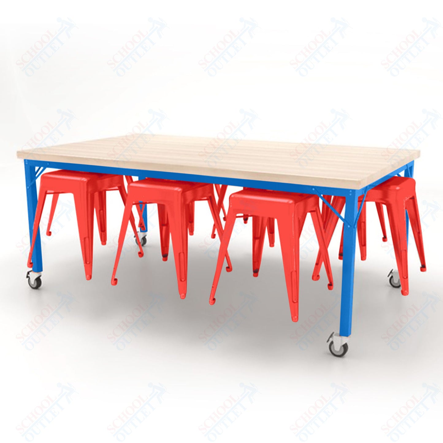 CEF Brainstorm Workbench 30"H with Butcher Block Top and Steel Frame, 8 Magnetic Metal Stools Included, for 3rd Grade and Up - SchoolOutlet