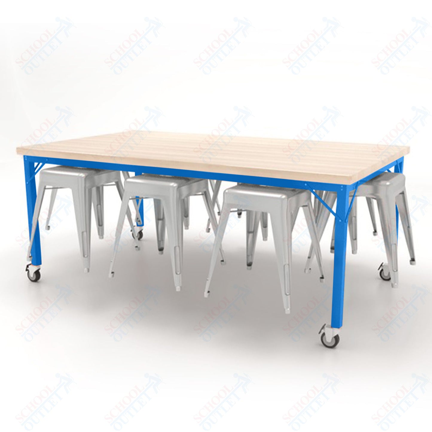 CEF Brainstorm Workbench 30"H with Butcher Block Top and Steel Frame, 8 Magnetic Metal Stools Included, for 3rd Grade and Up - SchoolOutlet