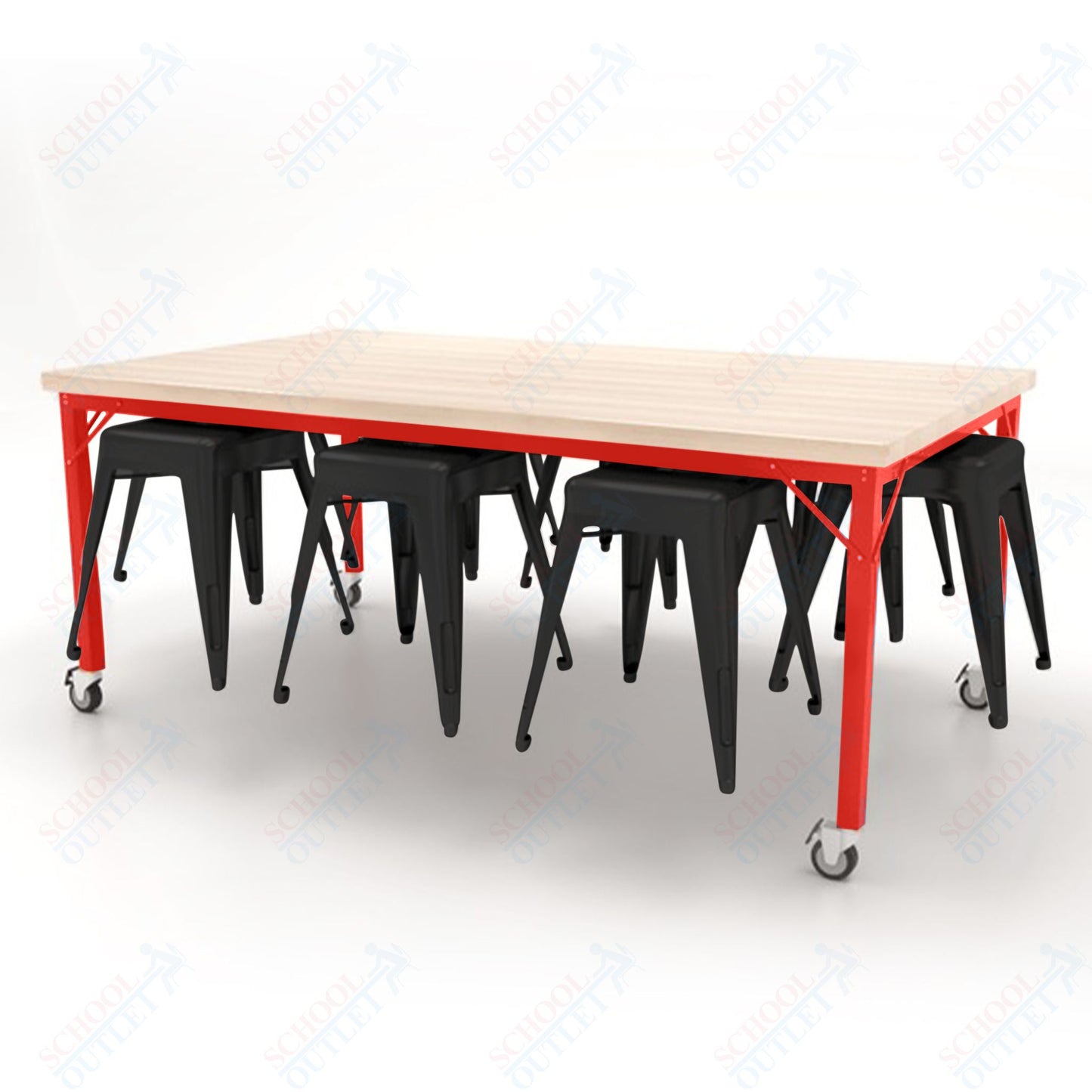 CEF Brainstorm Workbench 30"H with Butcher Block Top and Steel Frame, 8 Magnetic Metal Stools Included, for 3rd Grade and Up - SchoolOutlet