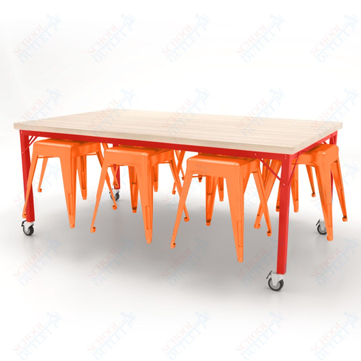 CEF Brainstorm Workbench 30"H with Butcher Block Top and Steel Frame, 8 Magnetic Metal Stools Included, for 3rd Grade and Up - SchoolOutlet