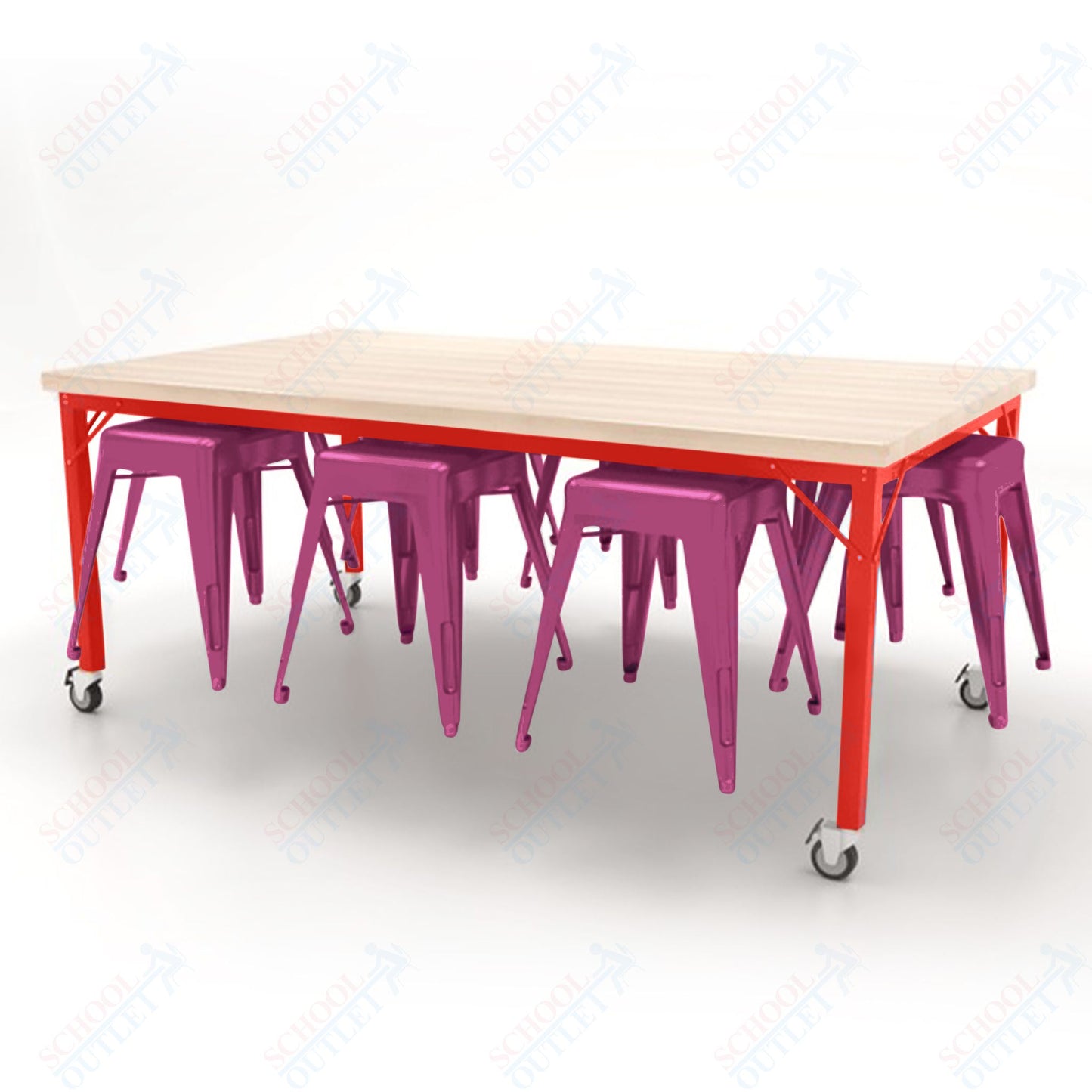 CEF Brainstorm Workbench 30"H with Butcher Block Top and Steel Frame, 8 Magnetic Metal Stools Included, for 3rd Grade and Up - SchoolOutlet