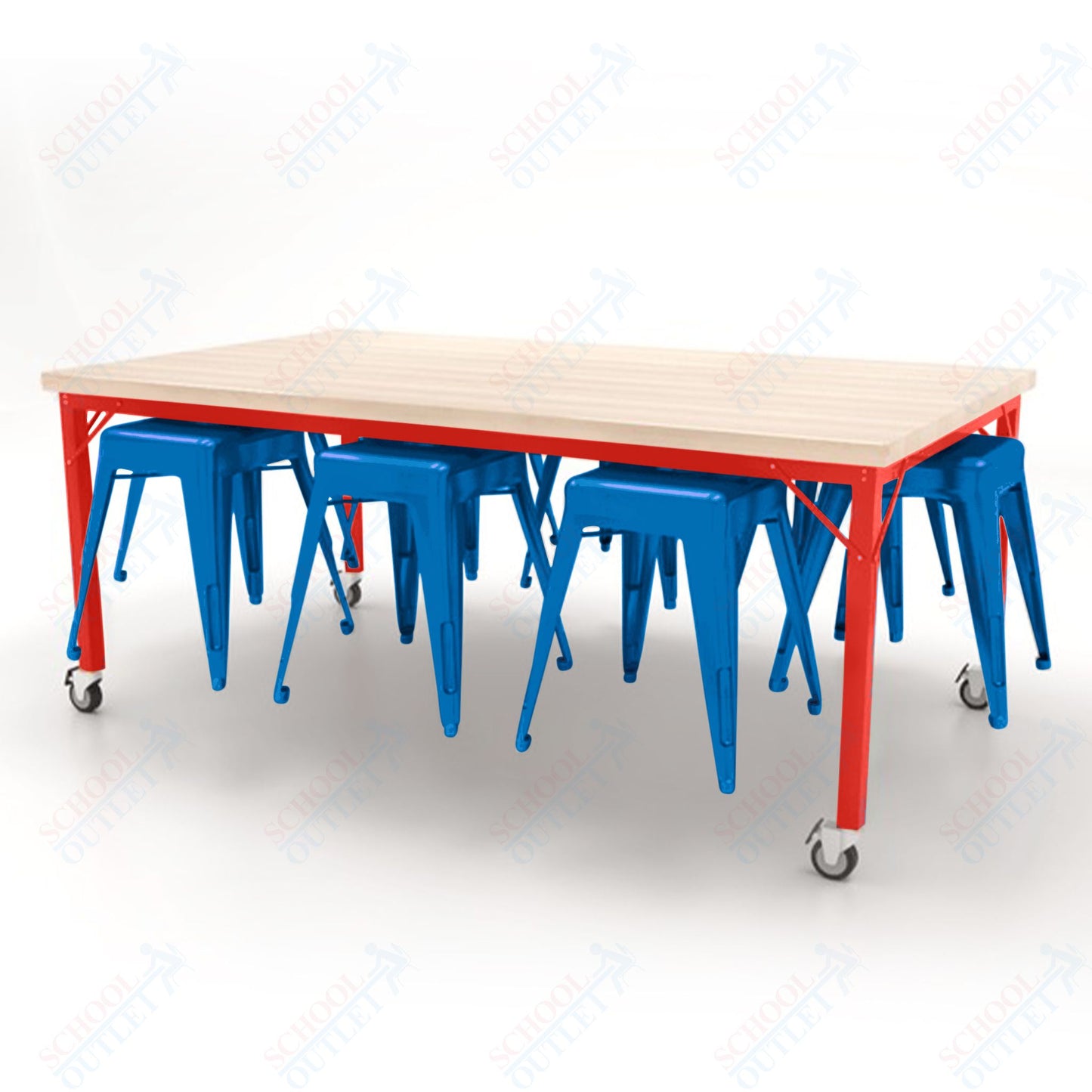 CEF Brainstorm Workbench 30"H with Butcher Block Top and Steel Frame, 8 Magnetic Metal Stools Included, for 3rd Grade and Up - SchoolOutlet