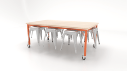 CEF Brainstorm Workbench 30"H with Butcher Block Top and Steel Frame, 8 Magnetic Metal Stools Included, for 3rd Grade and Up