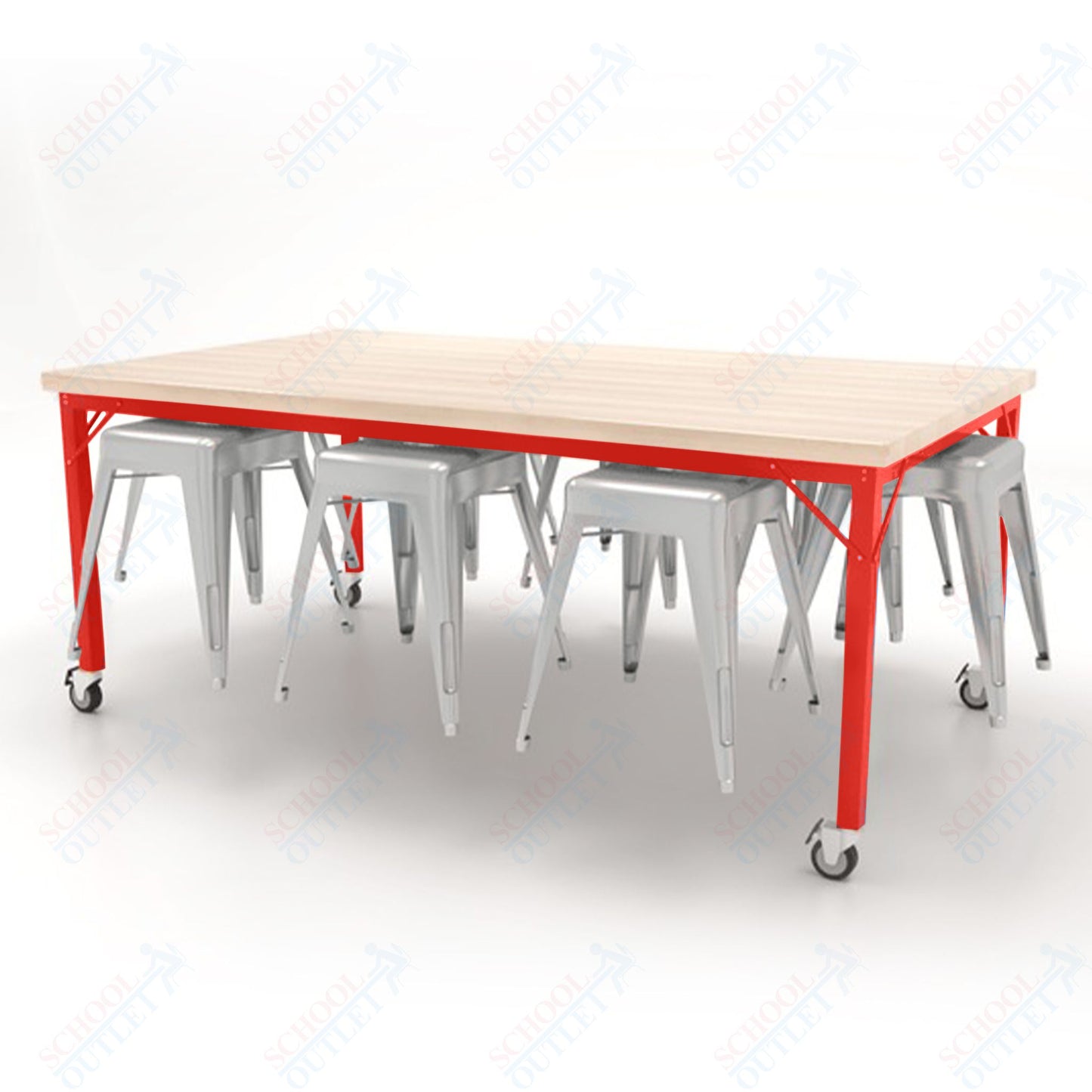 CEF Brainstorm Workbench 30"H with Butcher Block Top and Steel Frame, 8 Magnetic Metal Stools Included, for 3rd Grade and Up - SchoolOutlet