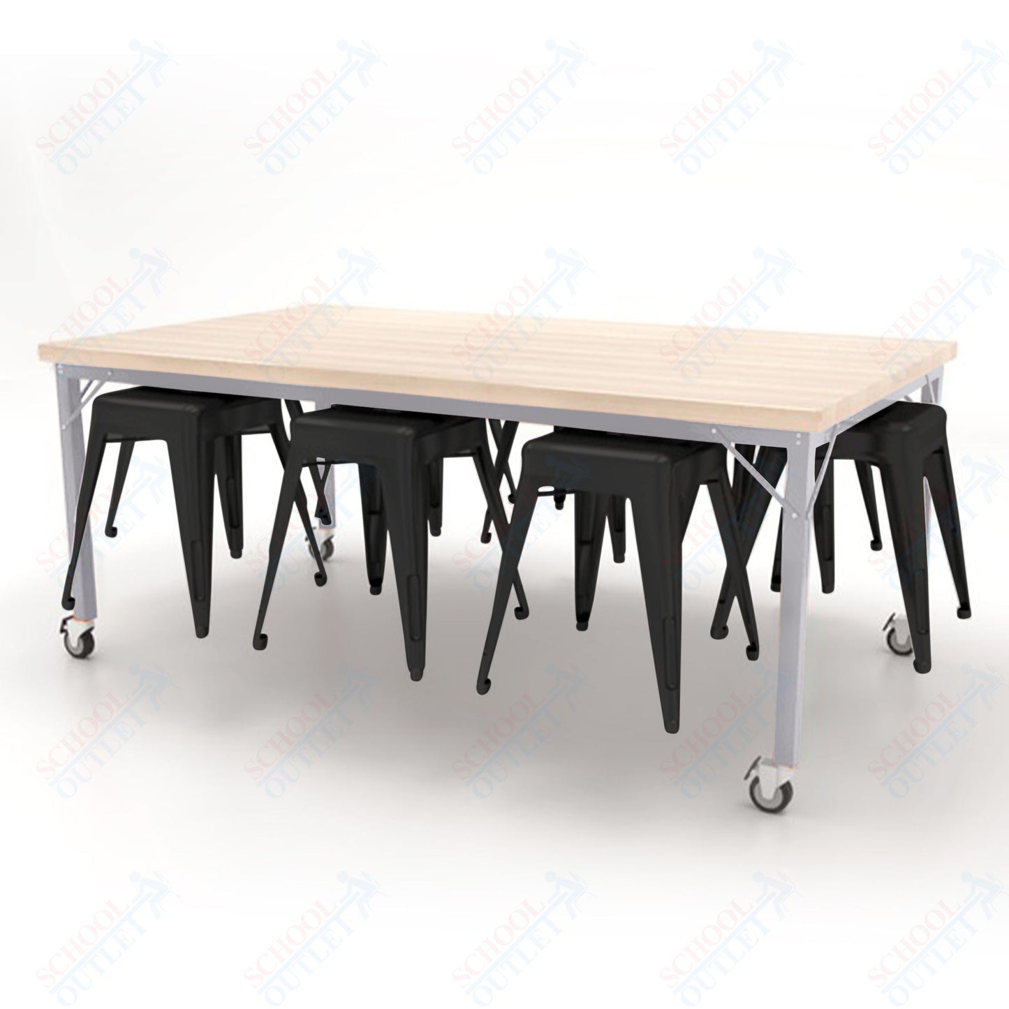 CEF Brainstorm Workbench 30"H with Butcher Block Top and Steel Frame, 8 Magnetic Metal Stools Included, for 3rd Grade and Up - SchoolOutlet