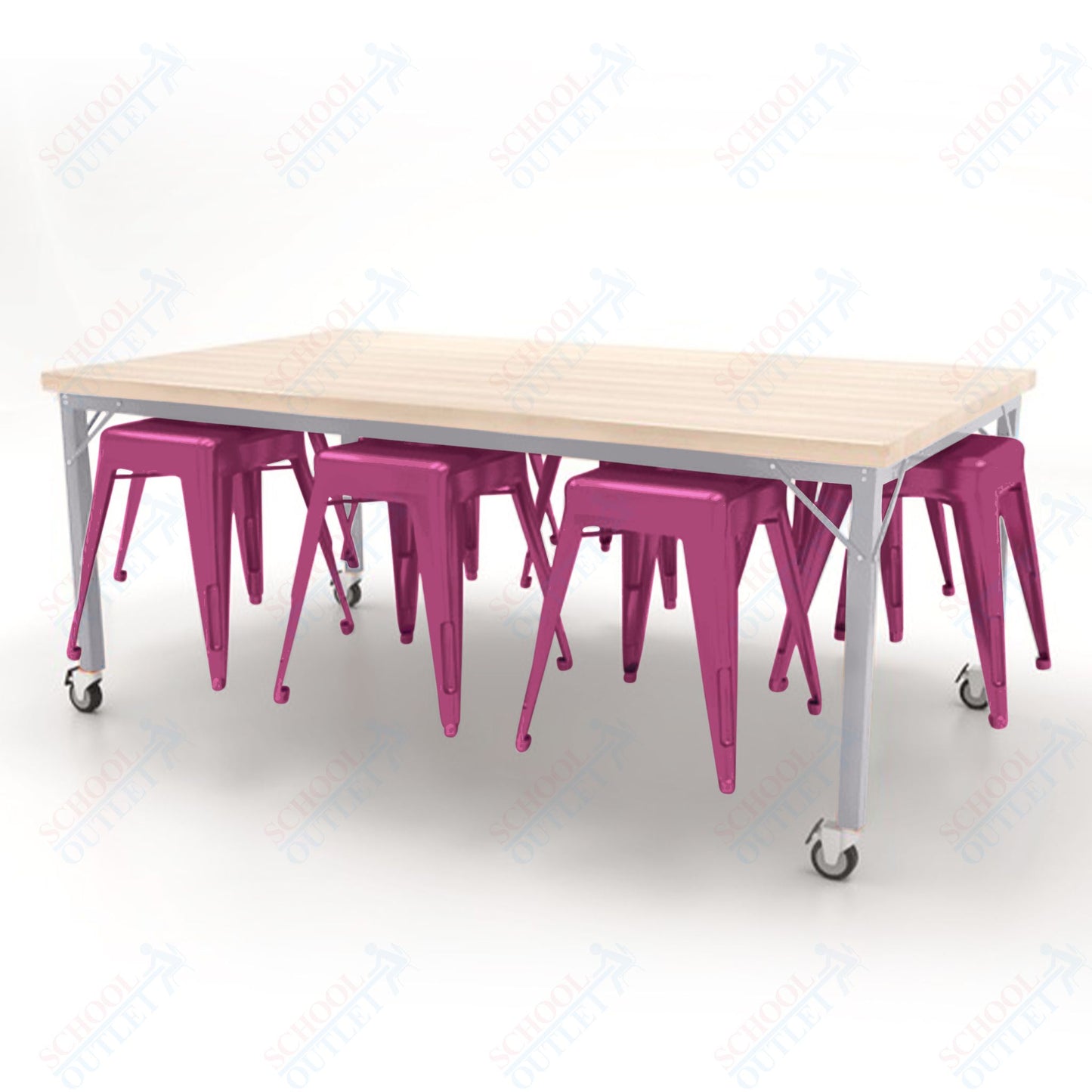 CEF Brainstorm Workbench 30"H with Butcher Block Top and Steel Frame, 8 Magnetic Metal Stools Included, for 3rd Grade and Up - SchoolOutlet