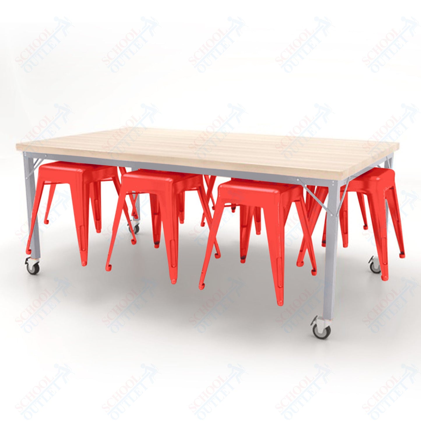 CEF Brainstorm Workbench 30"H with Butcher Block Top and Steel Frame, 8 Magnetic Metal Stools Included, for 3rd Grade and Up - SchoolOutlet