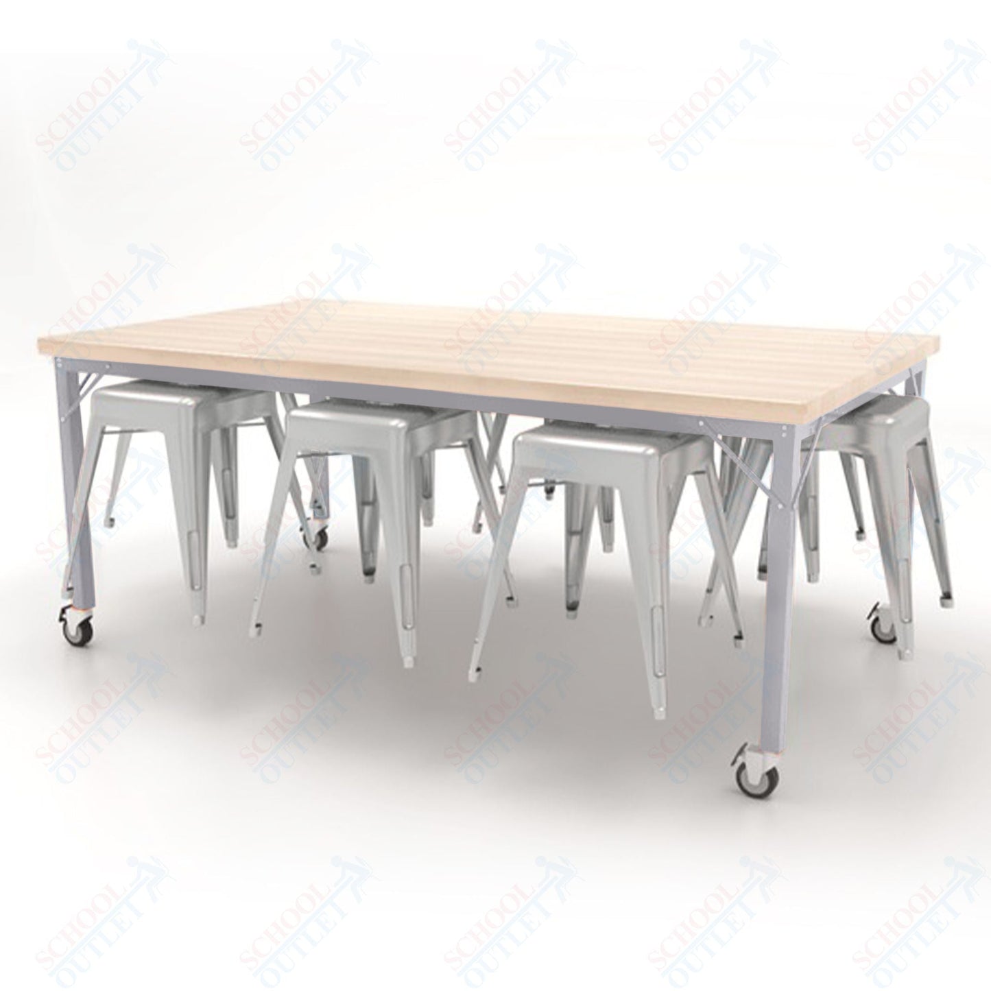 CEF Brainstorm Workbench 30"H with Butcher Block Top and Steel Frame, 8 Magnetic Metal Stools Included, for 3rd Grade and Up - SchoolOutlet