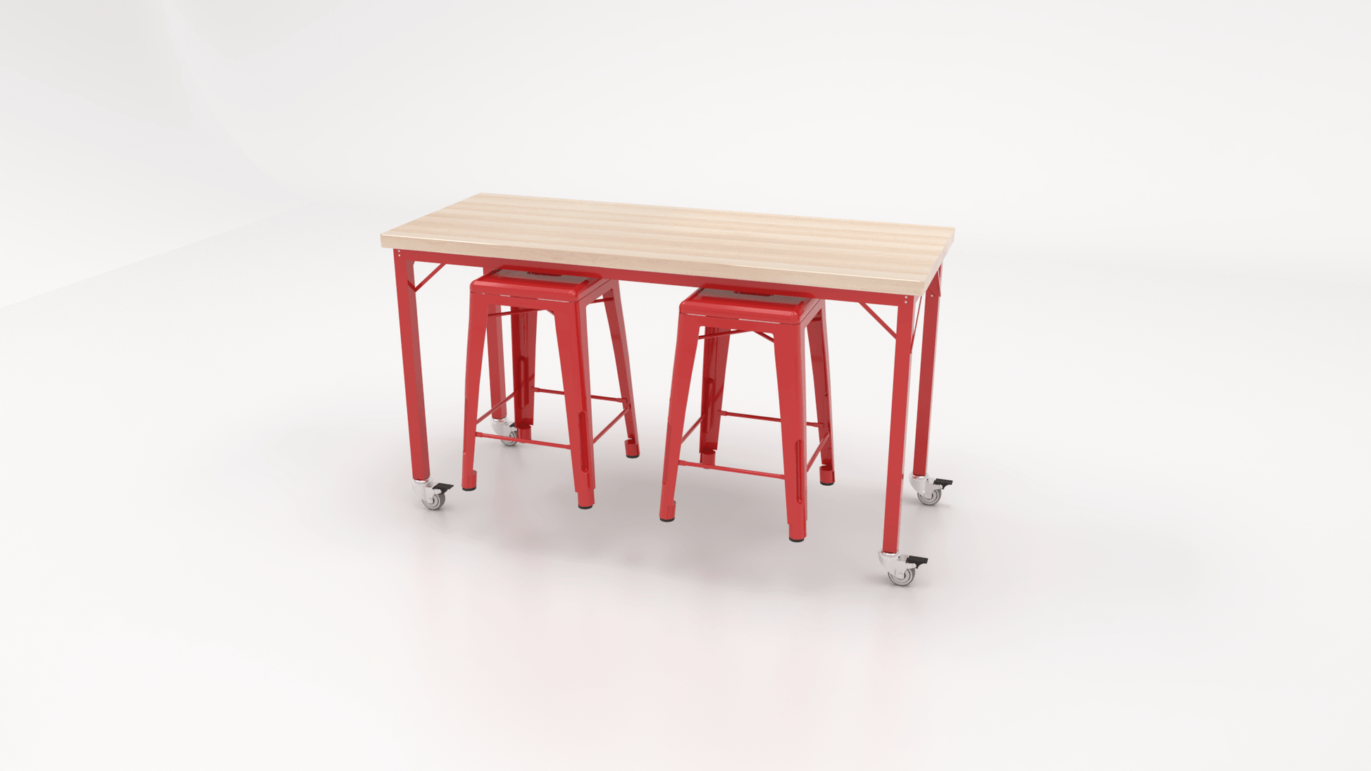 CEF Brainstorm Workbench 34"H with Butcher Block Top and Steel Frame, 2 Magnetic Metal Stools Included, for 3rd Grade and Up ADA Compliant - SchoolOutlet