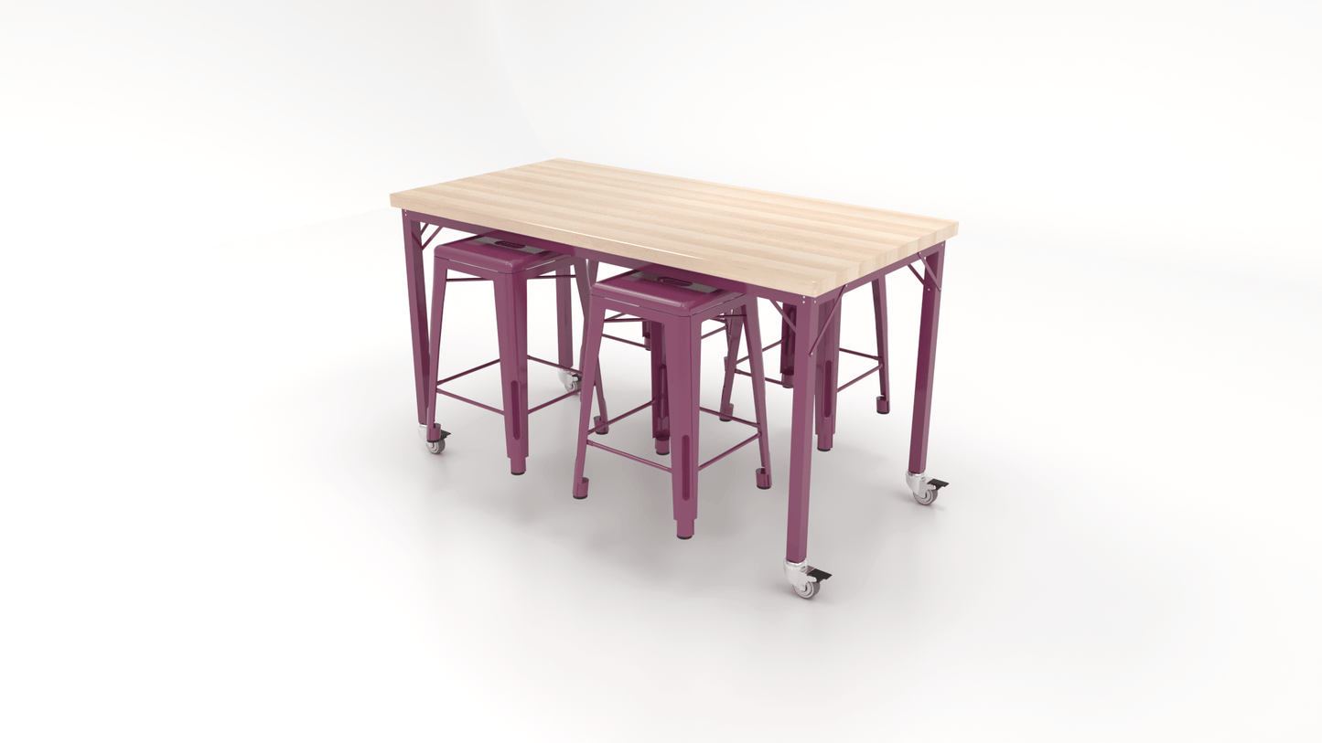 CEF Brainstorm Workbench 34"H with Butcher Block Top and Steel Frame, 4 Magnetic Metal Stools Included, for 3rd Grade and Up ADA Compliant - SchoolOutlet