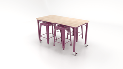 CEF Brainstorm Workbench 34"H with Butcher Block Top and Steel Frame, 4 Magnetic Metal Stools Included, for 3rd Grade and Up ADA Compliant