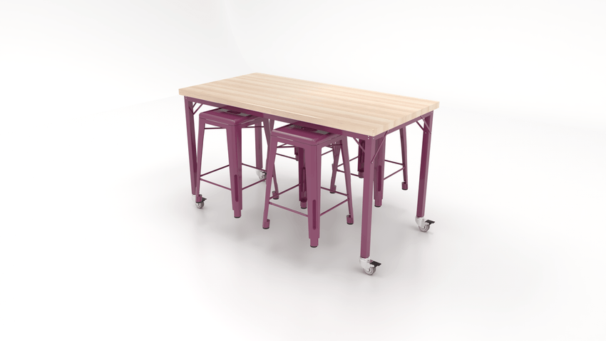 CEF Brainstorm Workbench 34"H with Butcher Block Top and Steel Frame, 4 Magnetic Metal Stools Included, for 3rd Grade and Up ADA Compliant - SchoolOutlet