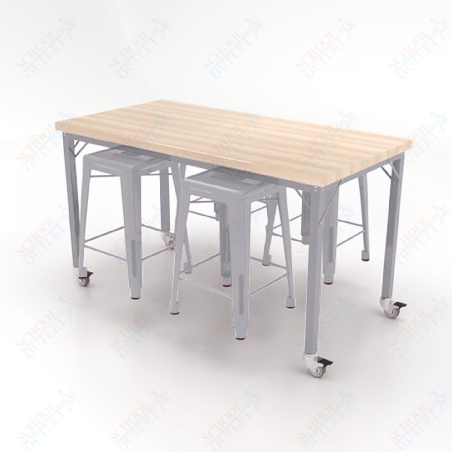 CEF Brainstorm Workbench 34"H with Butcher Block Top and Steel Frame, 4 Magnetic Metal Stools Included, for 3rd Grade and Up ADA Compliant - SchoolOutlet