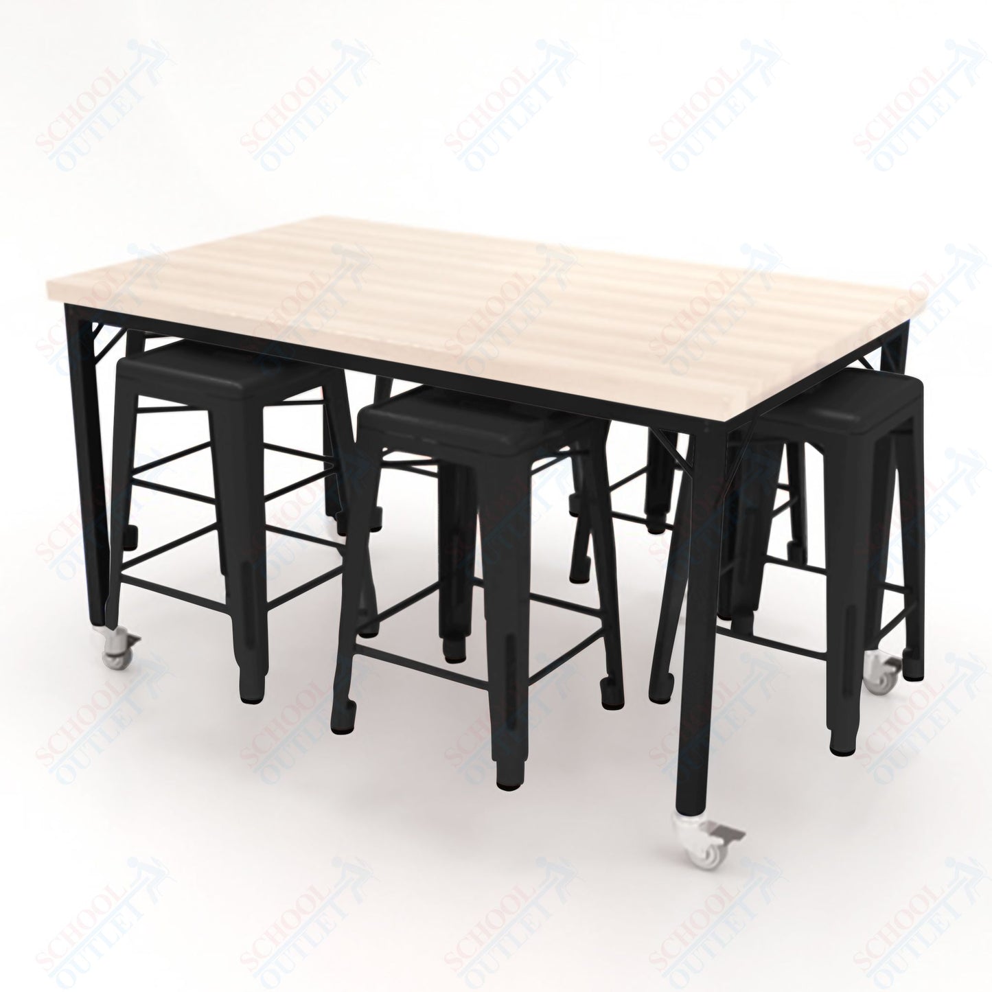 CEF Brainstorm Workbench 34"H with Butcher Block Top and Steel Frame, 6 Magnetic Metal Stools Included, for 3rd Grade and Up ADA Compliant - SchoolOutlet
