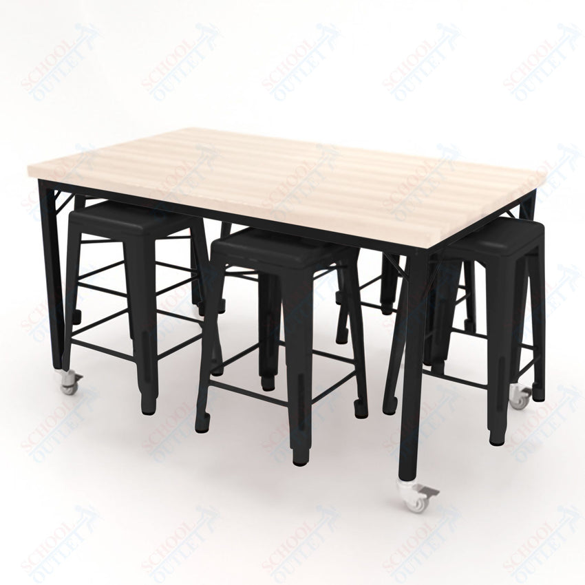 CEF Brainstorm Workbench 34"H with Butcher Block Top and Steel Frame, 6 Magnetic Metal Stools Included, for 3rd Grade and Up ADA Compliant - SchoolOutlet