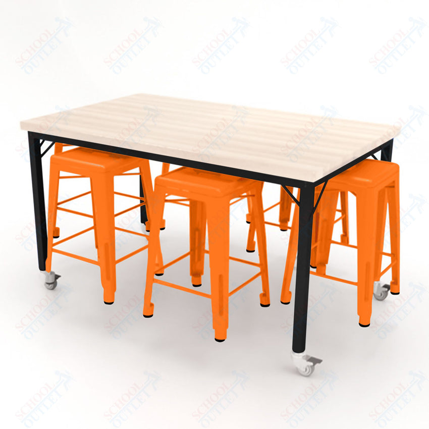 CEF Brainstorm Workbench 34"H with Butcher Block Top and Steel Frame, 6 Magnetic Metal Stools Included, for 3rd Grade and Up ADA Compliant - SchoolOutlet